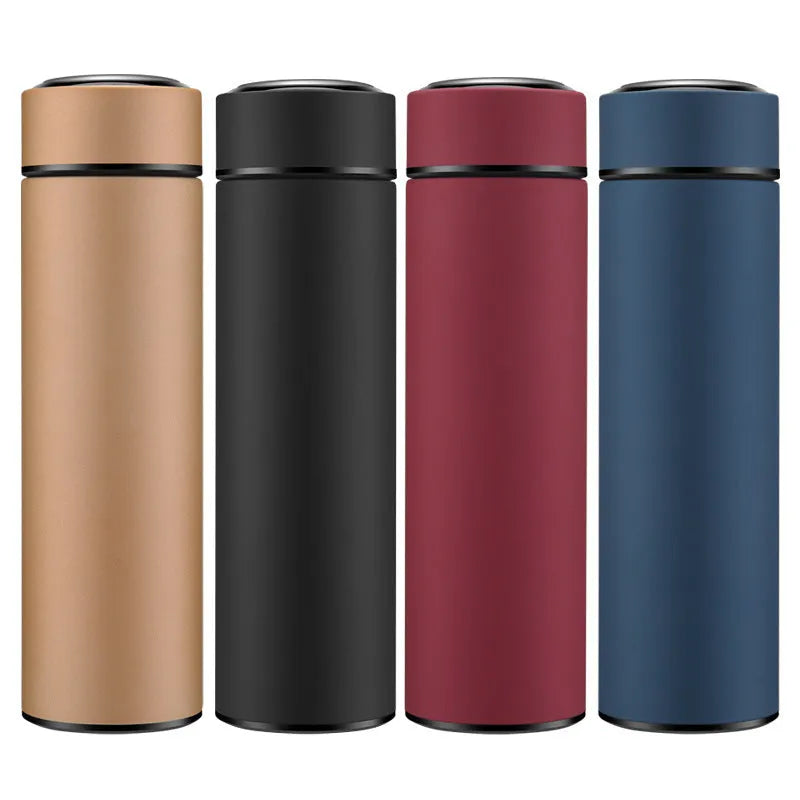 450ml straight cup stainless steel water bottle with vacuum insulation and arrow mouth in black, red, gold, and blue colours.