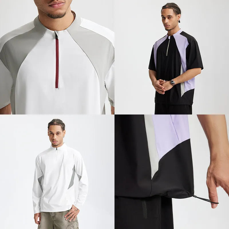 Men's solid colour polyester leisure top showing long and short sleeve options in black and beige colours