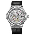 Men's automatic mechanical watch with hollow movement and diamond accents on white shell case