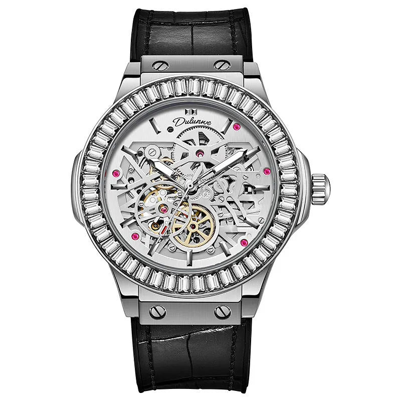 Men's automatic mechanical watch with hollow movement and diamond accents on white shell case