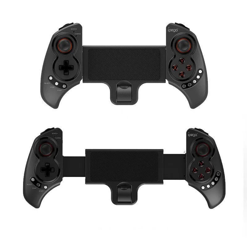 Wireless telescopic gamepad controller PG-9023 in black ABS plastic extended to hold a smartphone
