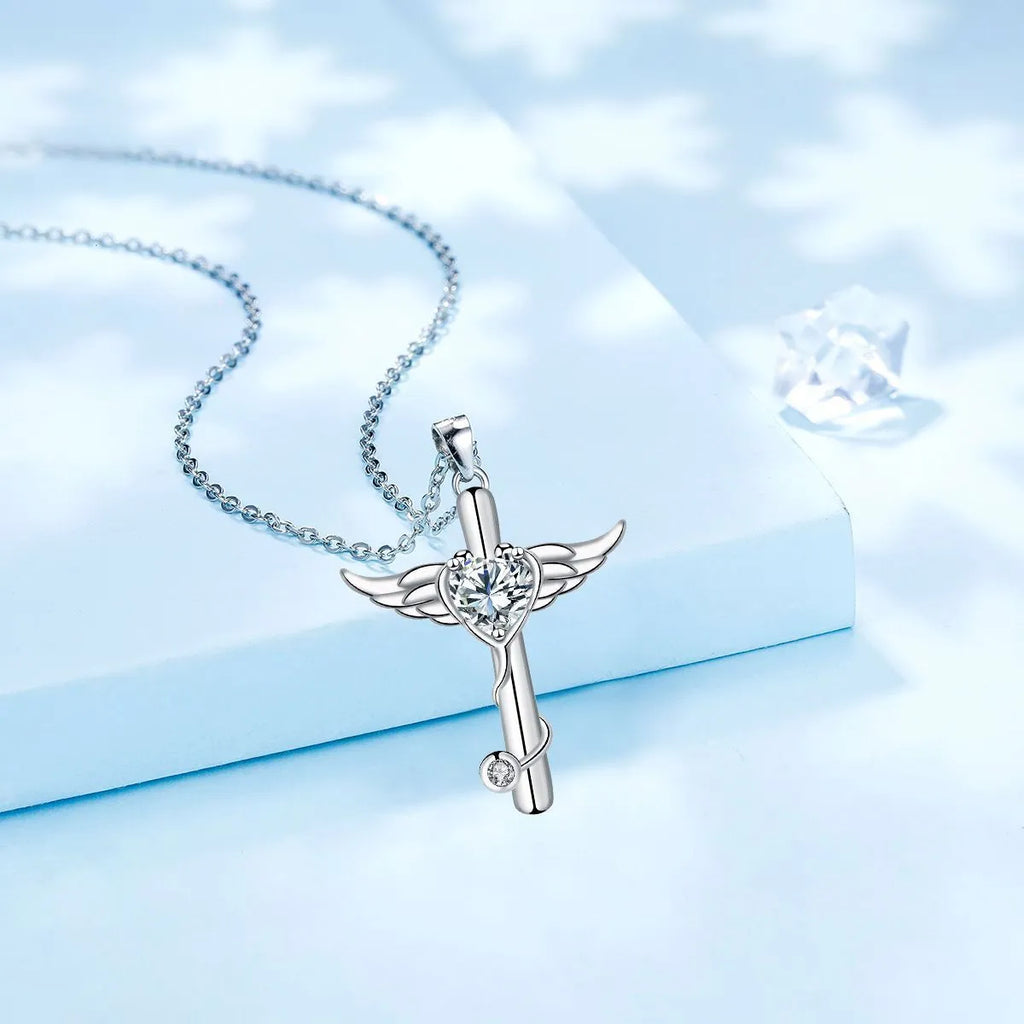 Women's copper necklace with stethoscope, angel wings and cross pendant in electroplated white diamond or red diamond finish