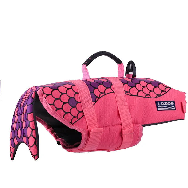 Mermaid shark dog life vest for small and large dogs in polyester with adjustable straps