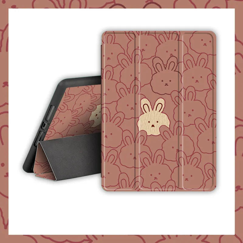 Cartoon rabbit silicone iPad case in book full screen style, compatible with multiple iPad models