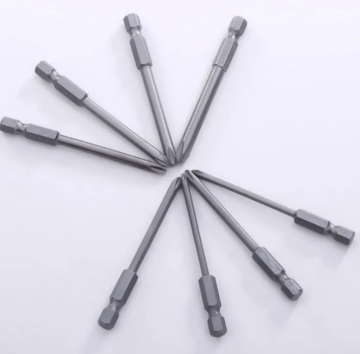 Eight magnetic cross-head screwdriver bits on a white background, showing Phillips tips and hex shanks.