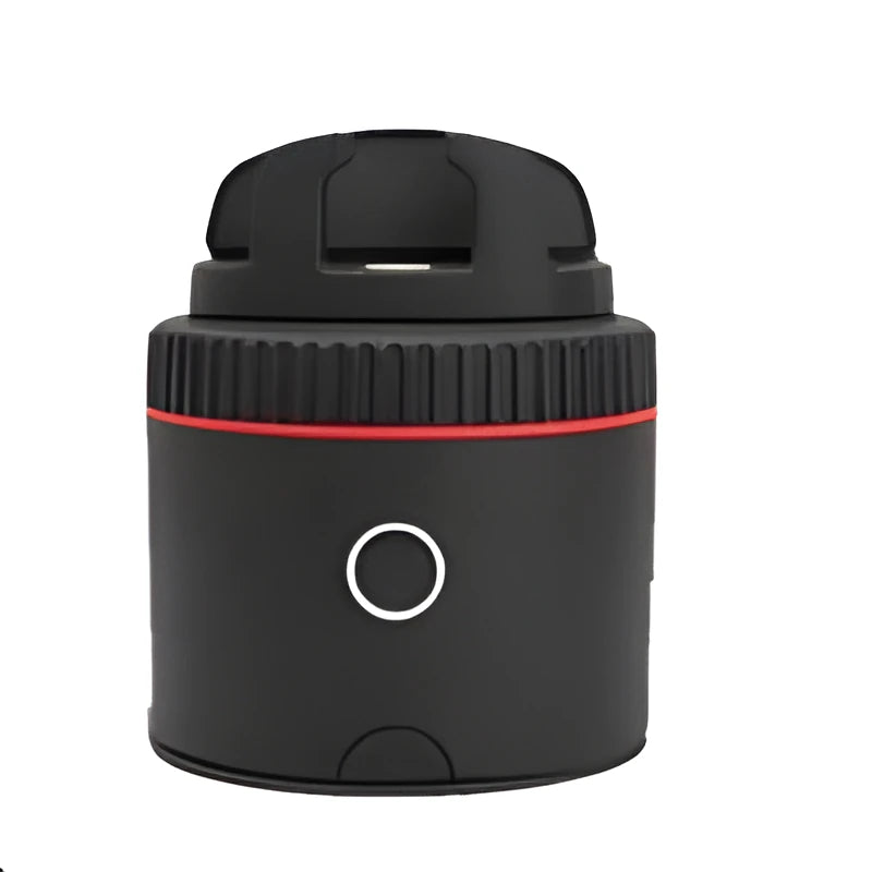 Black matte PIVO facial tracking camera mounted with a smartphone, showing 360-degree rotation base.