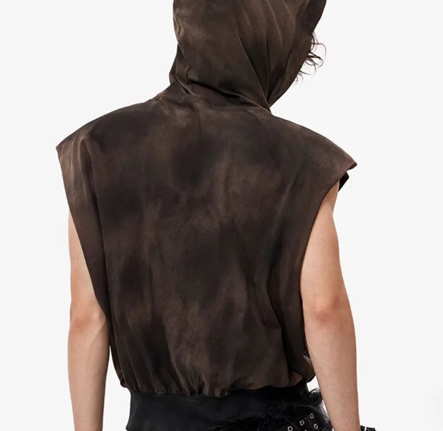 Khaki cotton short-sleeved hood vest for teenagers shown in casual wear
