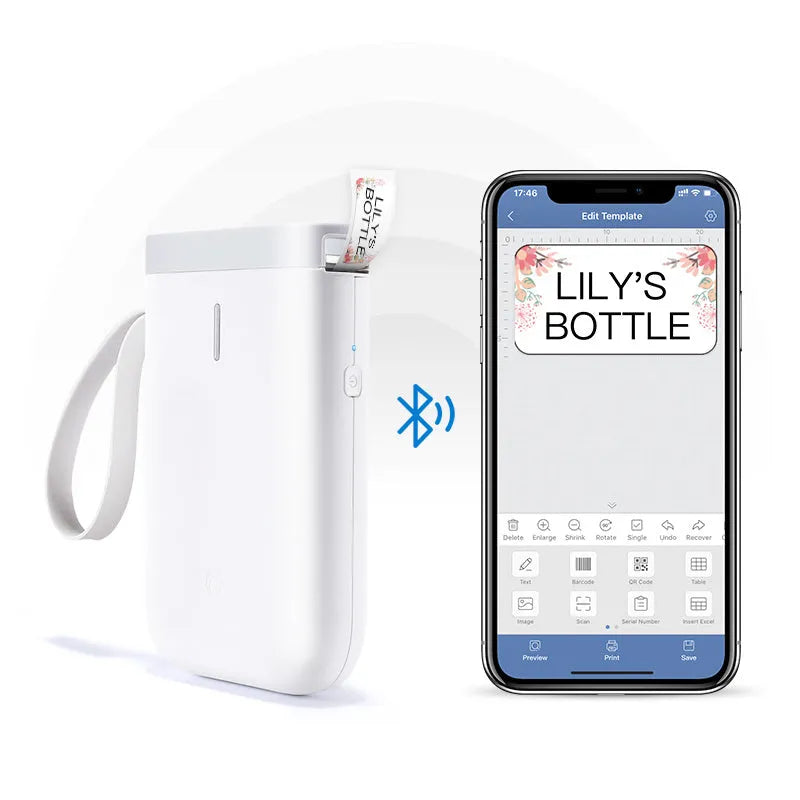 D11 Bluetooth thermal label printer in black, white, pink, or green, shown with smartphone app and printed labels.