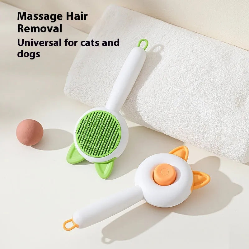 Self-cleaning pet dematting comb with stainless steel pins in greenish white and orange white colour options