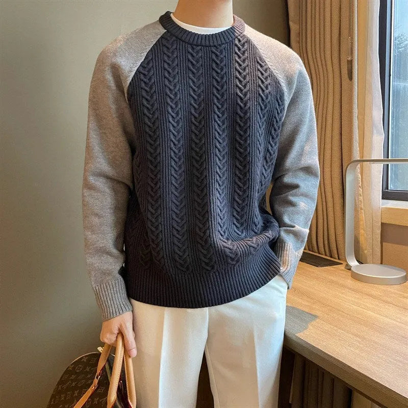 Thickened colour-blocked cable knit round neck pullover for men in apricot and blue