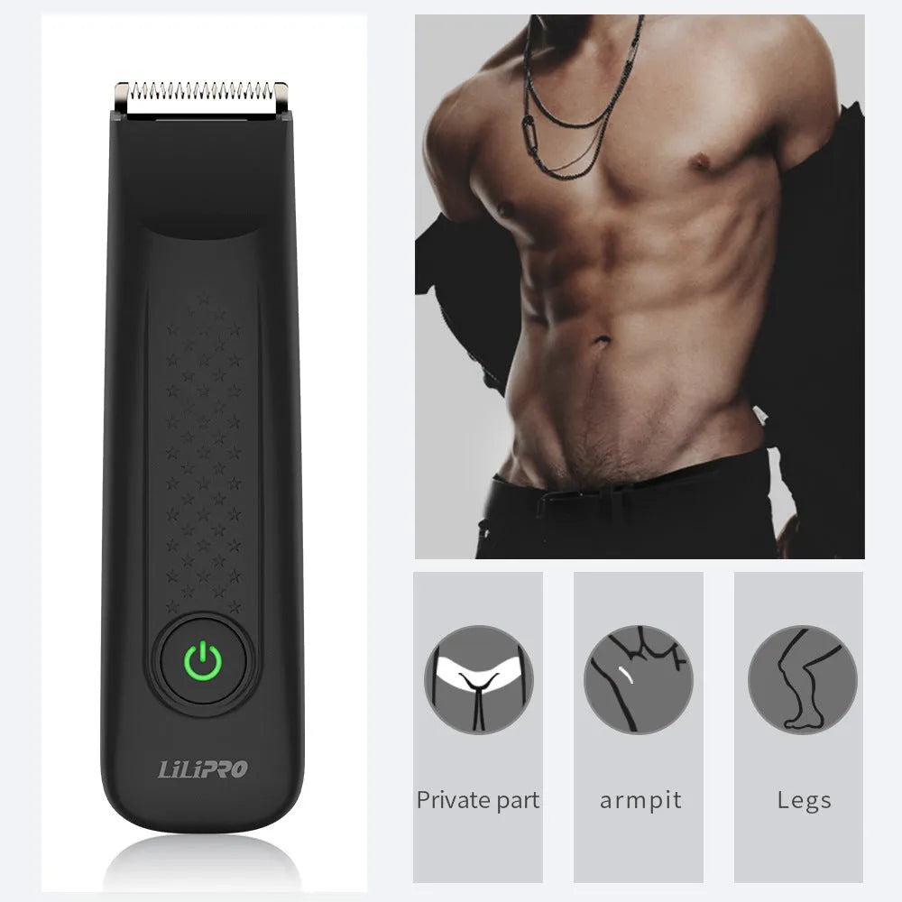 Black LILIPRO ZP-5110 waterproof rechargeable body hair shaver with ceramic blade and limit comb.