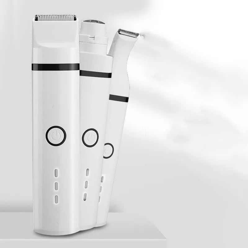 White pet shaving device for dogs with stainless steel blade, USB cable, three cutter heads, cleaning brush and oil