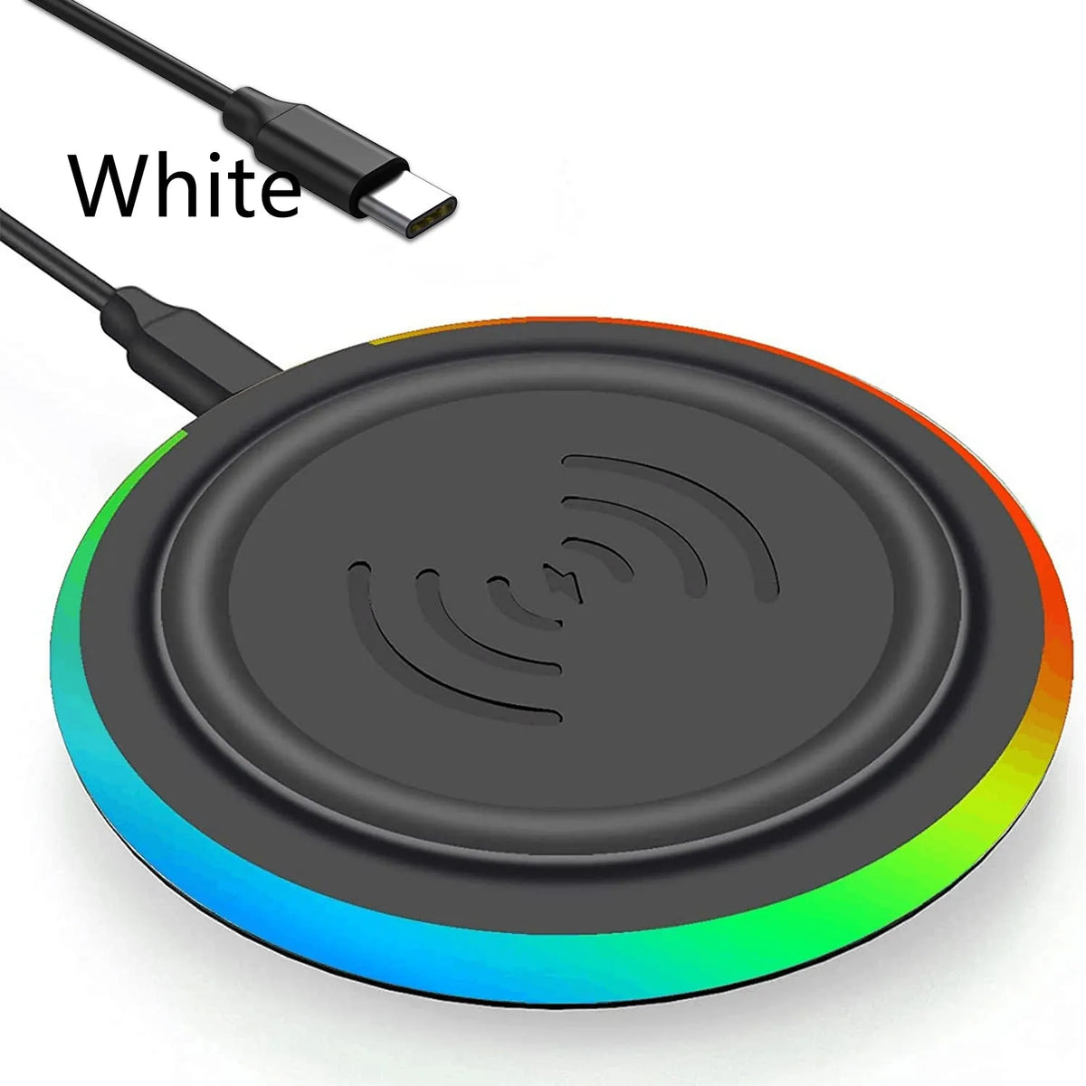 Ultra-thin round 10W desktop wireless phone charger in white, with Type-C port, shown on a desk surface