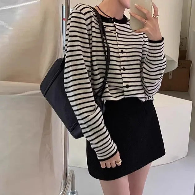 French style striped cardigan coat for women in dark grey with white stripes, viscose spandex fabric