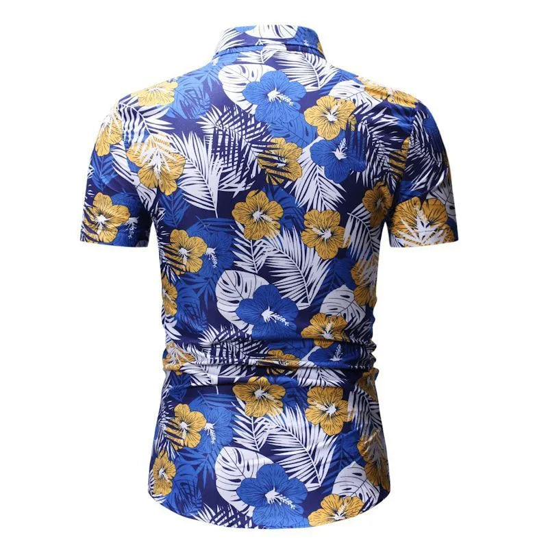 Men's summer beach short-sleeved floral shirt with square collar in blue and white polyester