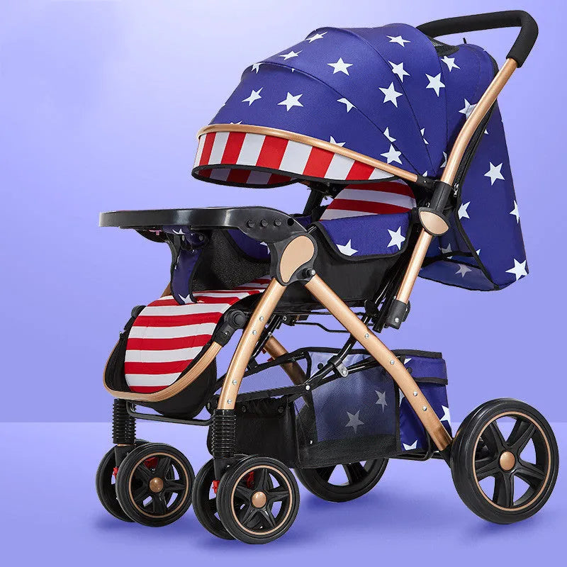 Lightweight folding reversible baby stroller with four-wheel shock absorption in multiple colour options