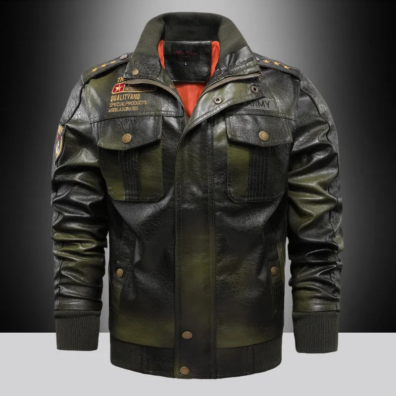 Men's PU leather jacket with stand-up collar, slim fit, short length, available in brown, black, and army green