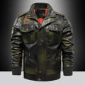Men's PU leather jacket with stand-up collar, slim fit, short length, available in brown, black, and army green