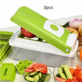12-piece manual vegetable chopper set with stainless steel blades and green ABS plastic body