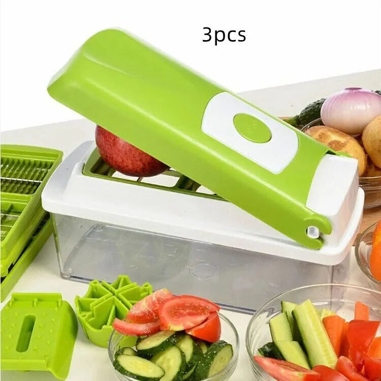 12-piece manual vegetable chopper set with stainless steel blades and green ABS plastic body