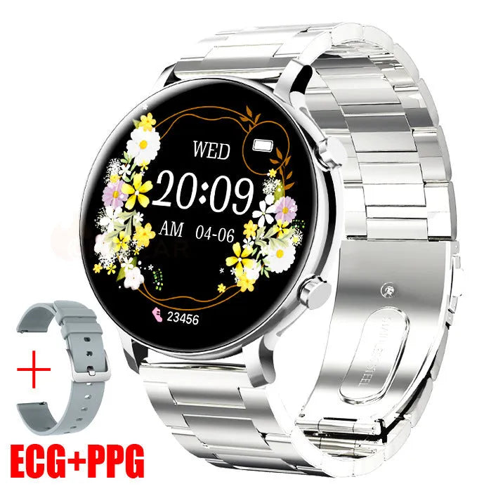 Black Bluetooth smartwatch with stainless steel strap showing call screen and health metrics