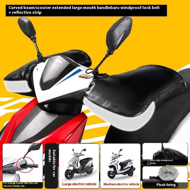 Electric motorcycle winter thermal waterproof handle grip gloves with fleece lining in gray reflective stripe style