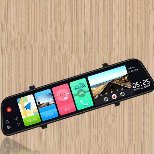 12-inch rearview mirror tachograph dash cam with dual lenses mounted in a car