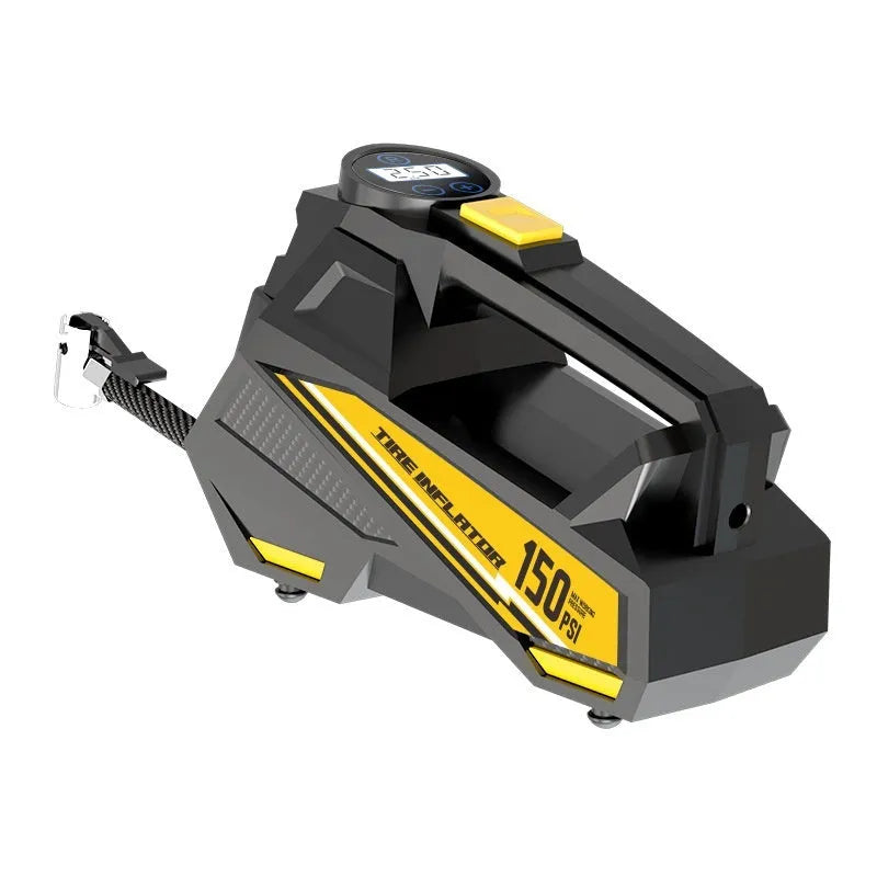 Black portable digital tyre inflator with display and light, shown with its power cord and hose.