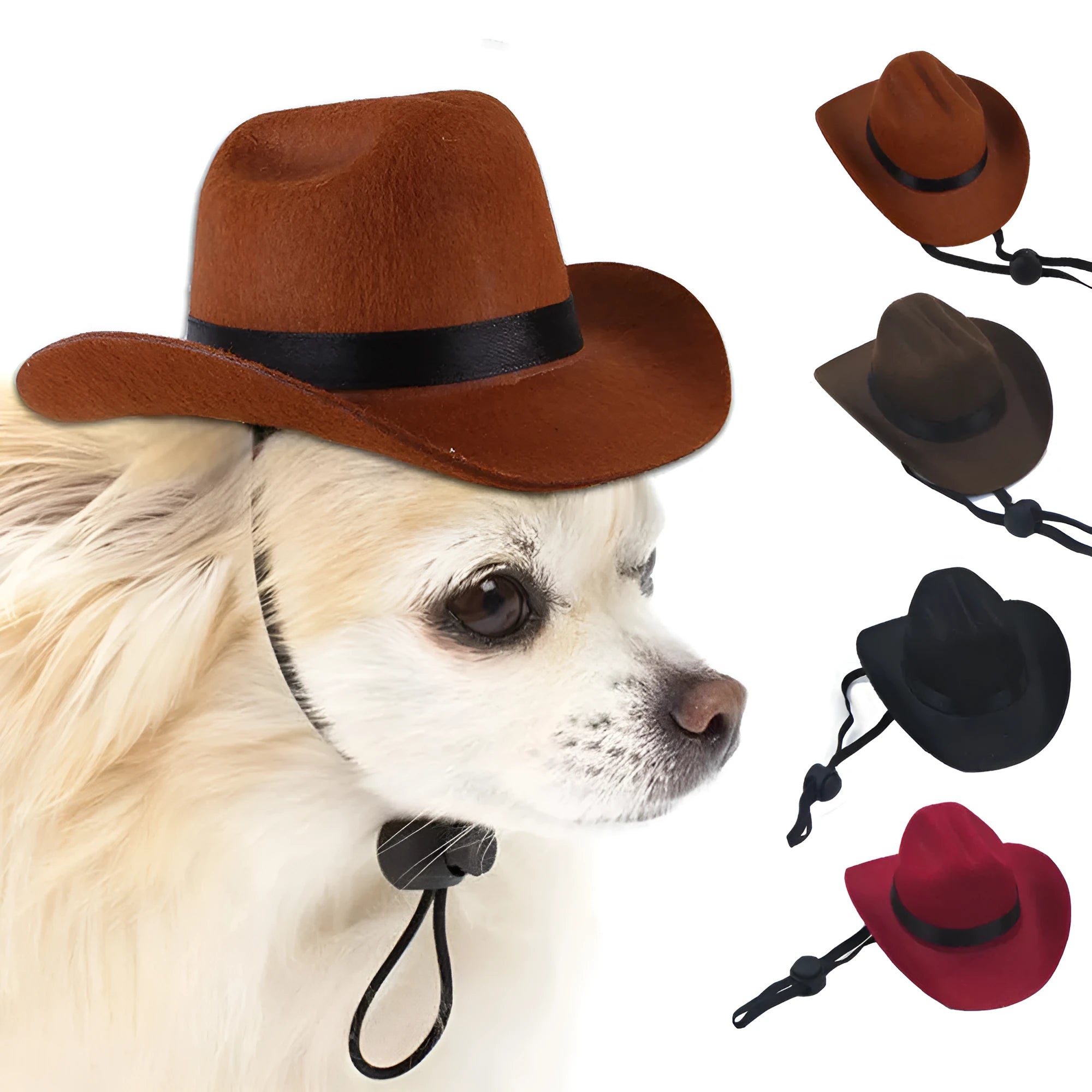 A brown adjustable cowboy hat for a small dog or cat on a white background.