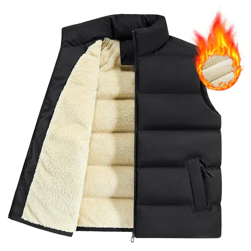 Men's striped lambswool vest in black, dark blue, or red, shown as a winter layering waistcoat.
