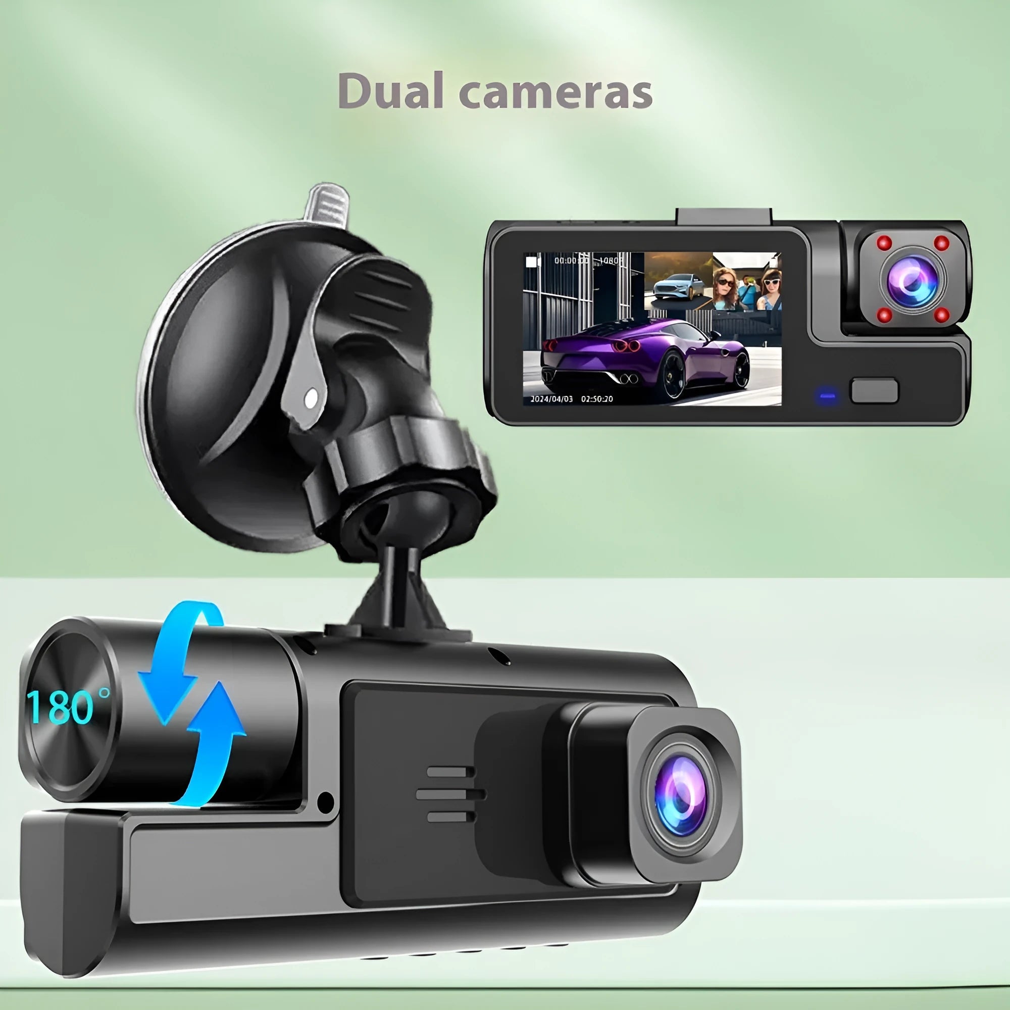 Black car dash cam with 2-inch screen, mounted on windscreen, showing WiFi logo and rear camera for reversing image.