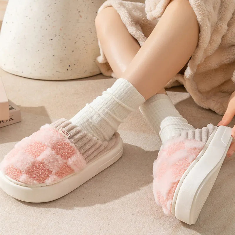 Women's plush indoor slippers with non-slip sole in coffee, green, grey, pink, or white colours