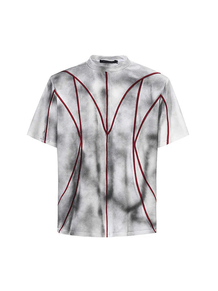 Padded shoulder short sleeve T-shirt with three-dimensional line patchwork design on round neck top