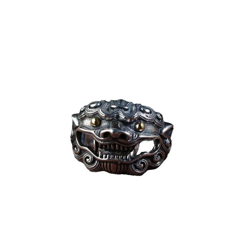 Silver open style ring showing Domineering Jibeast pattern with zodiac animal modelling