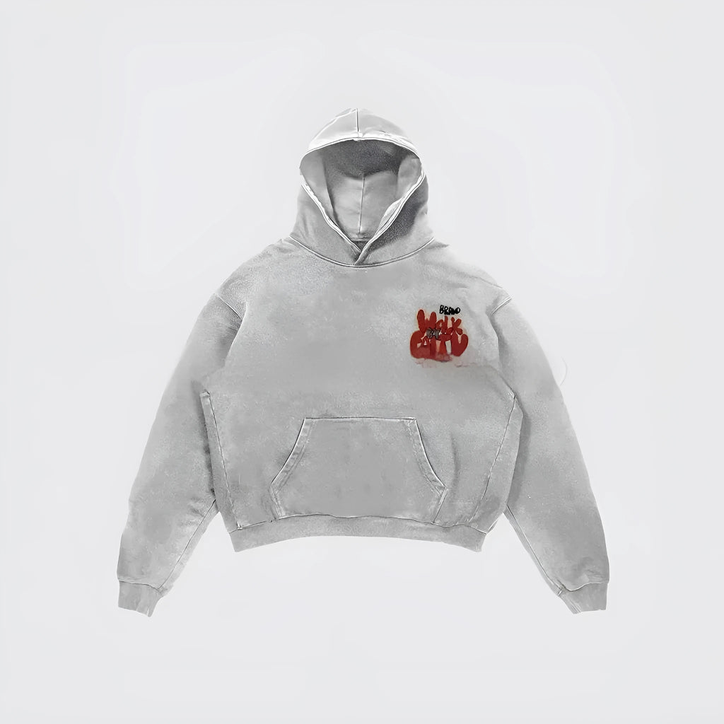 Women's grey hoodie with black letter print design showing Harajuku vintage streetwear style