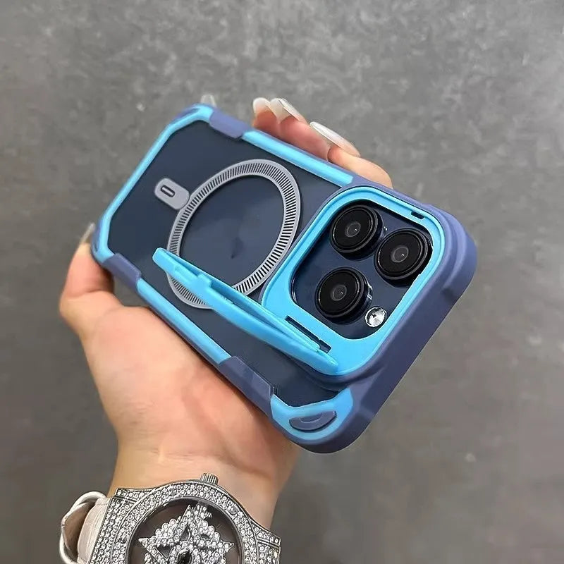 Creative bracket phone case with lens cover and four-corner airbag drop protection for iPhone 13 to 16 Pro Max