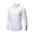 Men's loose long-sleeve linen shirt on a hanger, shown in a navy blue colour.