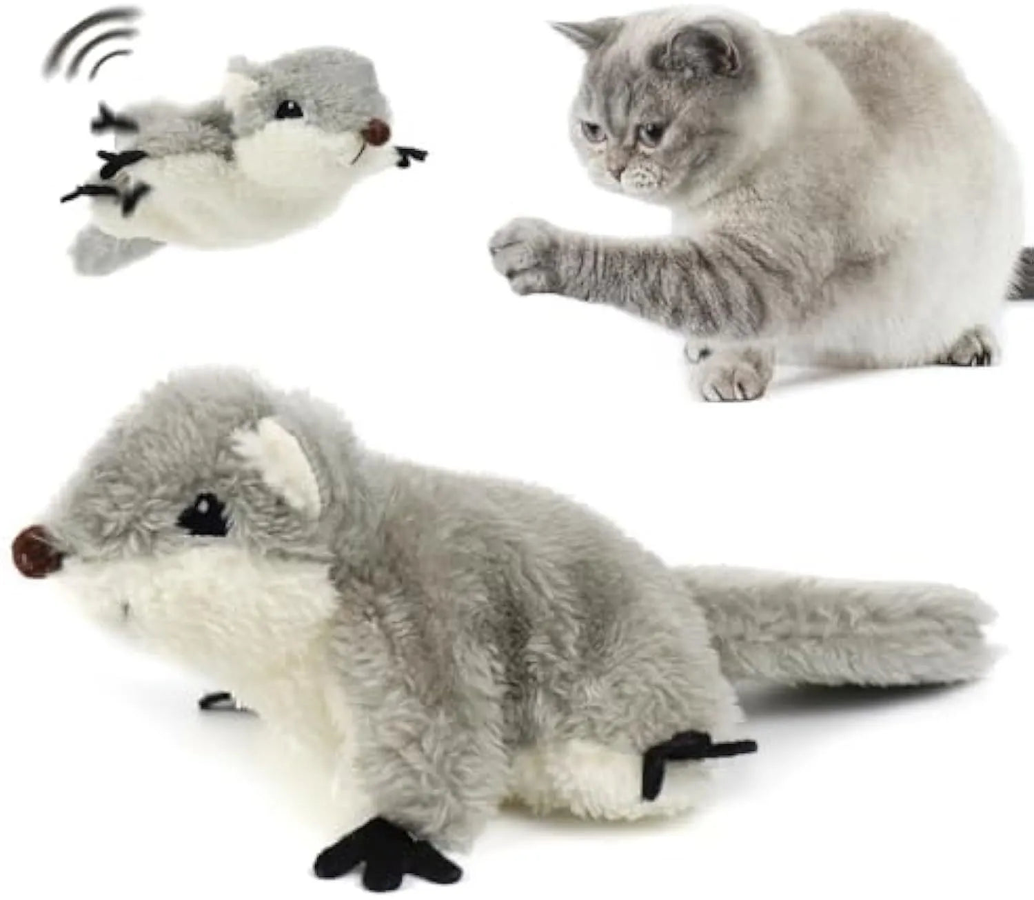 Gray flapping squirrel cat toy with touch-activated motion and USB charging port