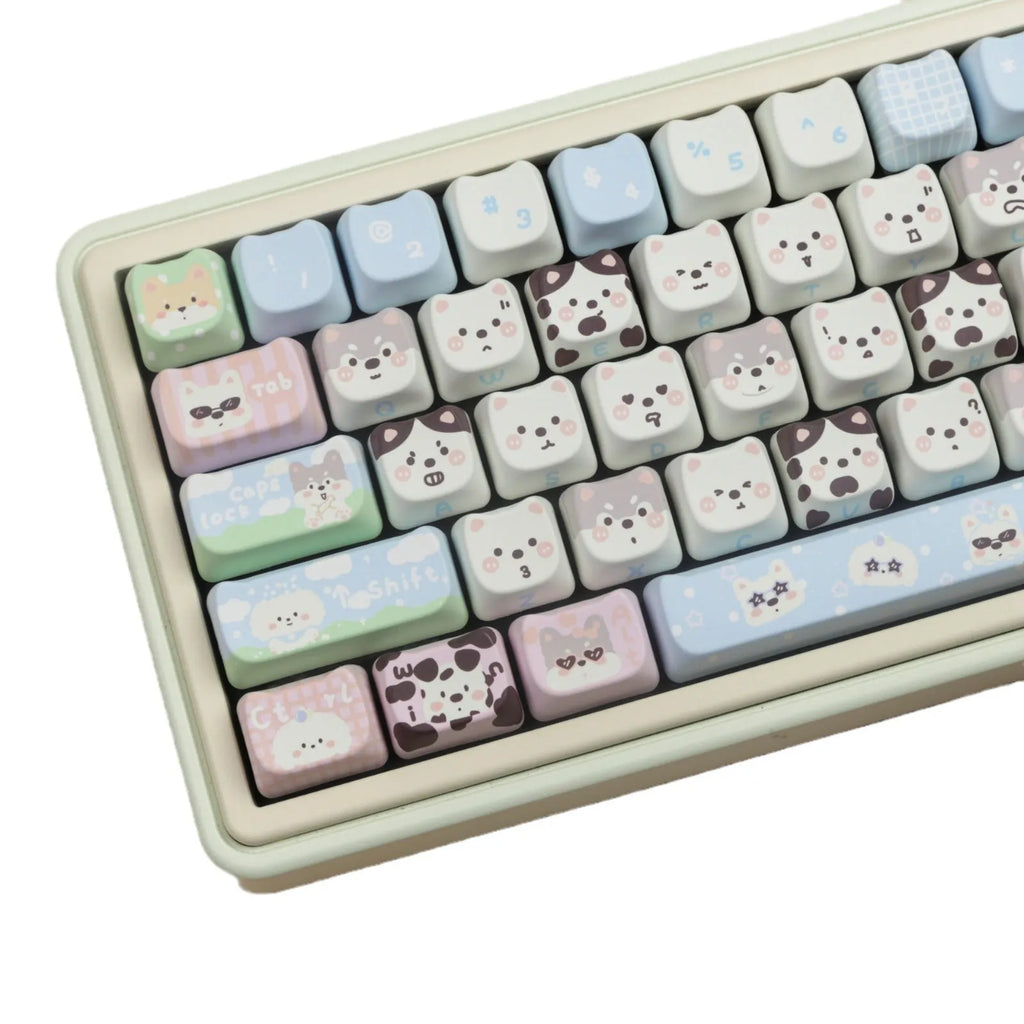 PBT key cap set with cat and puppy sublimation designs for mechanical keyboards