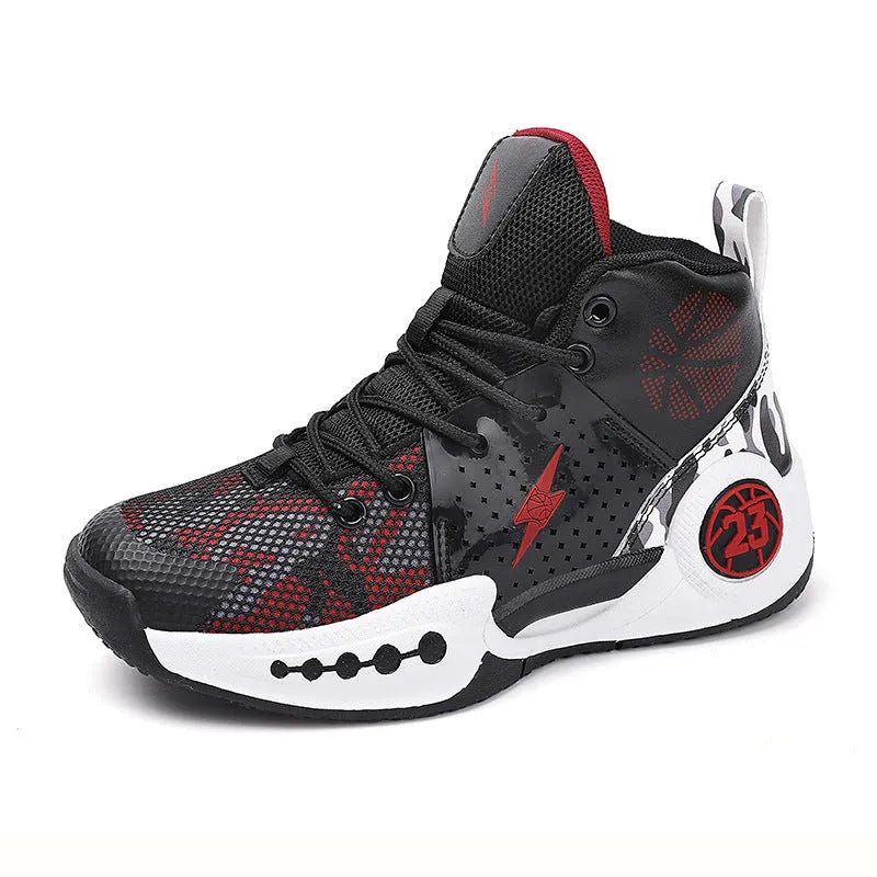 Children's mesh non-slip basketball shoes, breathable upper, rubber sole, sizes 31-45, front lace-up fastening