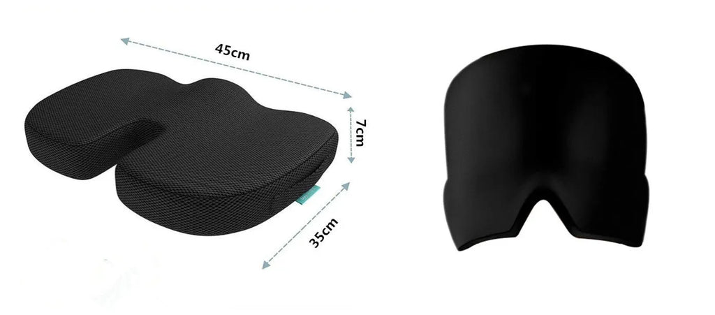 Black and pink elastic cloth gel ice mask for headache relief, shown on its side.