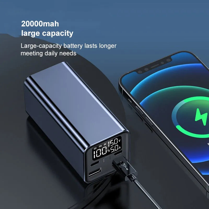 65W metal power bank with 20000mAh capacity for laptop charging in black, blue, or grey