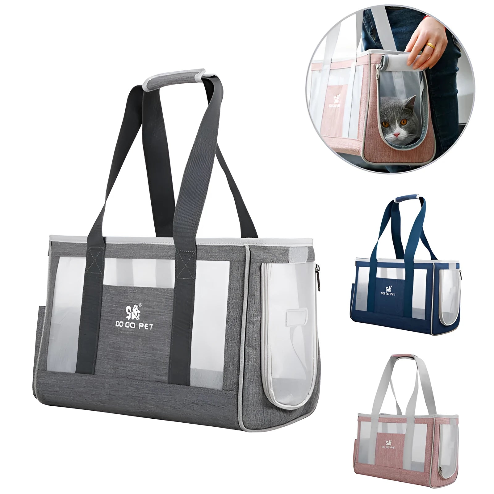 Pet carrier backpack in grey Oxford cloth with breathable mesh panels, large capacity for small dogs or cats