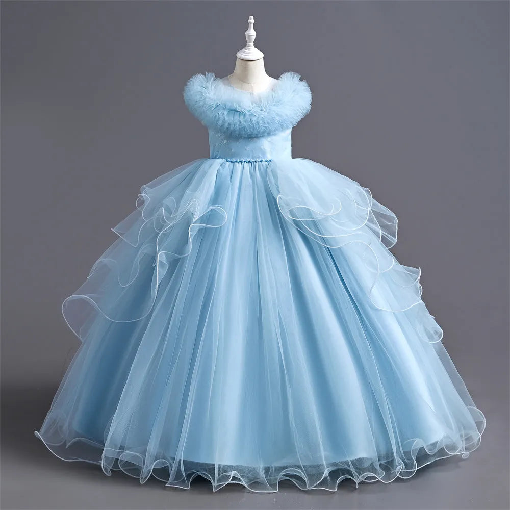 Girls casual princess dress in polyester with Western style, available in white, light pink, blue, champagne, sizes 110-160
