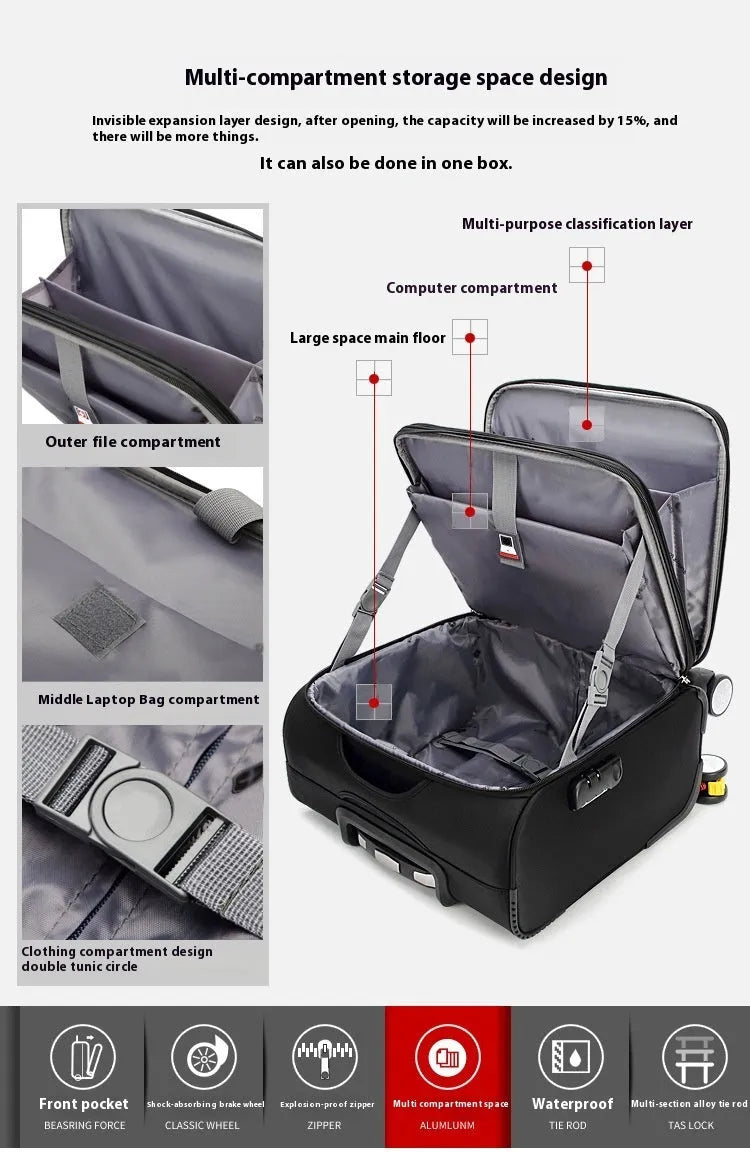 18 inch black Oxford cloth business suitcase with universal wheels and a draw bar box