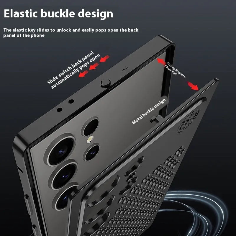 Samsung S25 Ultra aluminium alloy aromatherapy phone case with spring fastener shell in titanium black colour on a surface