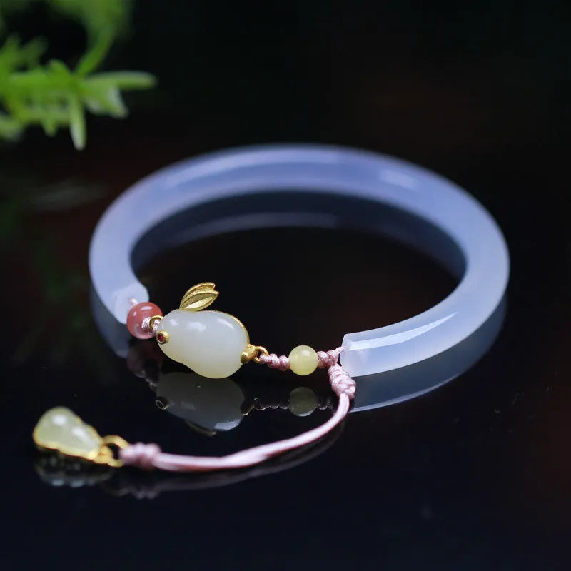 Natural white agate bracelet with S925 silver setting and Ruyi element, handmade