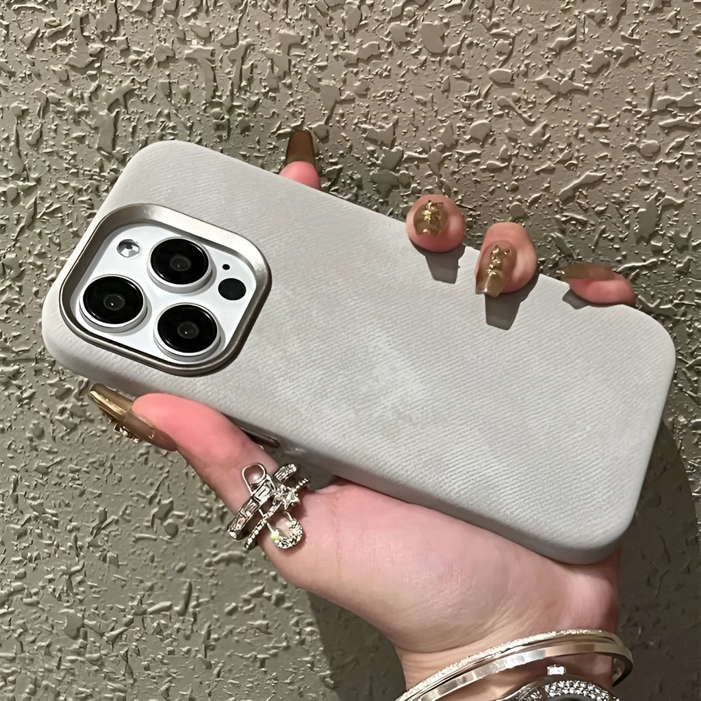 Silver grey magnetic leather iPhone case with velvet material showing magnetic back