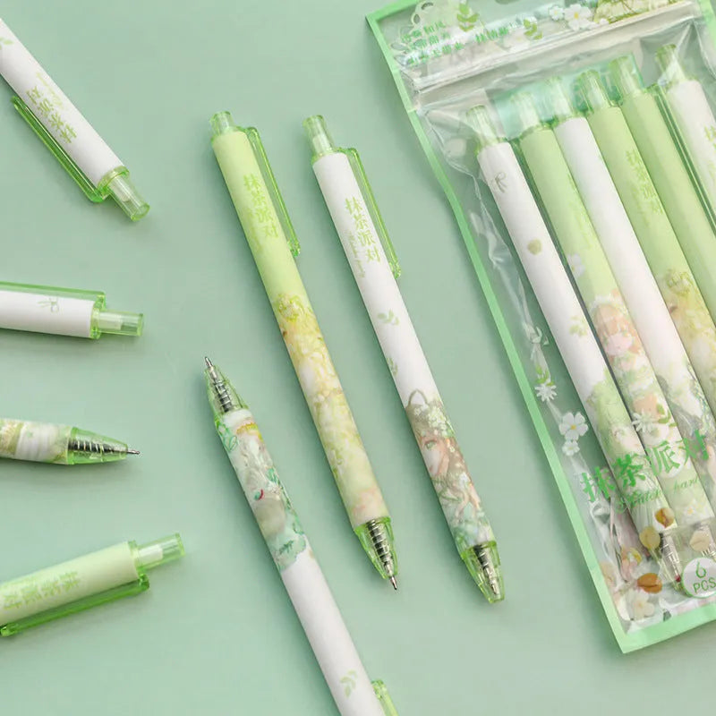 Pack of six plastic neutral pens with 0.5mm stainless steel nib in various colours including blue, green, pink, and matcha party style