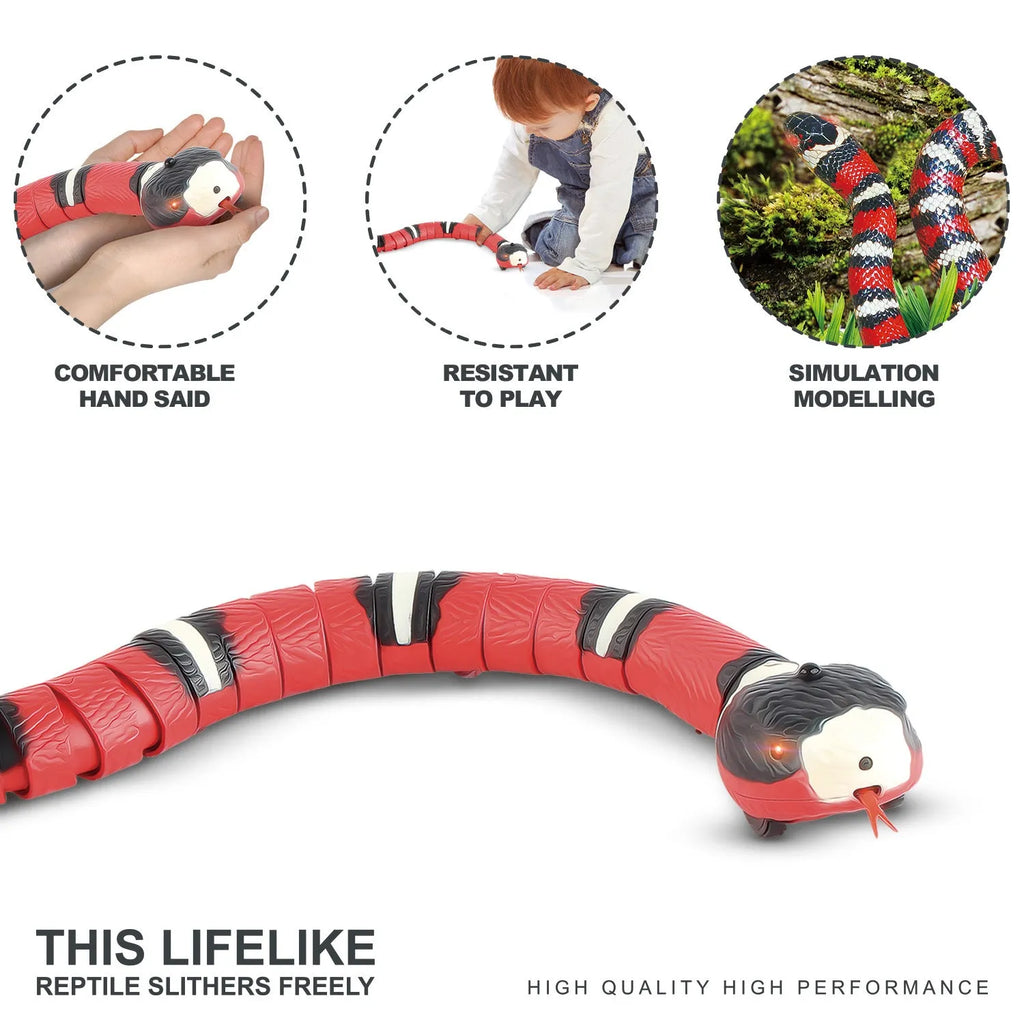 USB rechargeable automatic electronic snake cat toy with segmented plastic body on floor.